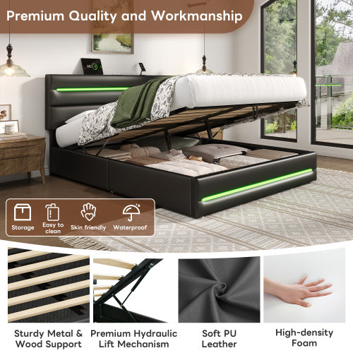 UK Local 4ft6 Double Upholstered Bed Frame With Hydraulic Storage, PU Ottoman Bed With LED Lighting And Charging Station, LED Adjustable Headboard With USB And Type - C Ports, Black