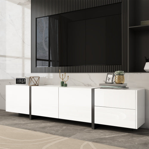 UK Local TV Cabinet, White High-gloss Cabinet And Black Contrasting Table Legs, With Simple Cabinet Doors And Drawers.