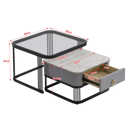 UK Local Nestable Coffee Table High Gloss Marble Exterior, Gold Accents, Side Table With Drawer. Set Of Two