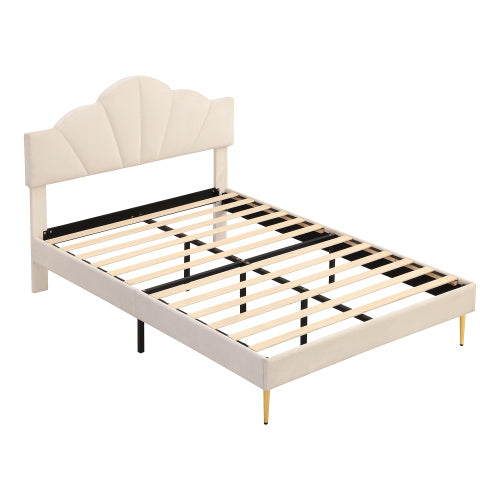 UK Local Velvet Upholstered Bed,Double Bed-4ft6 135x190cm, Shell-like Bed With Golden Iron Legs, Height-adjustable Headboard, Wooden Slatted Frame, Beige