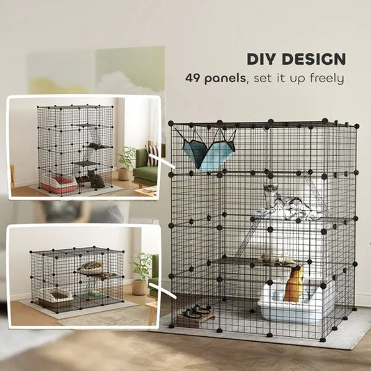 US Local DIY 4 Tier Cat Cage Indoor With Hammock, Ramps, Jumping Platforms, Doors, Cat Enclosure For 1-3 Cats, 3 X 3 X 4, Black
