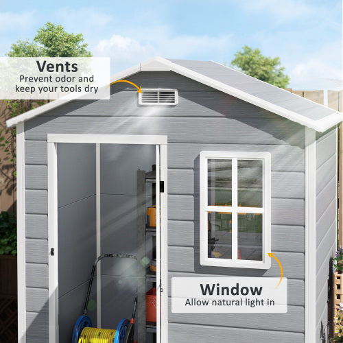 UK Local Outsunny 6 X 4ft Outdoor Shed With Foundation, Lockable Door, Vents, Windows, Plastic Shed For Tool Storage, Grey