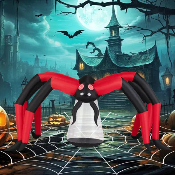10ft Wide 5ft Tall Giant Halloween Inflatable Spider - LED Head Light 2 Red Eye Tunnel Lights, Black Red Color