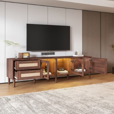 UK Local 180 Cm Brown TV Cabinet For 80-inch TV - With 2 Rattan Drawers, 2 Curved Glass Doors And 1 Rattan Door, LED Lighting, Offers Stylish Storage, TV Board