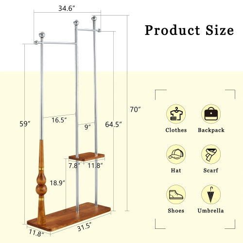US Local 70 Industrial Coat Rack, Solid Wood & Silver Stainless Steel Clothing Rack, Double Layer Hanger For Coats, Hats, Bags, Shoes, Vintage Wood Grain 34.6 Wide
