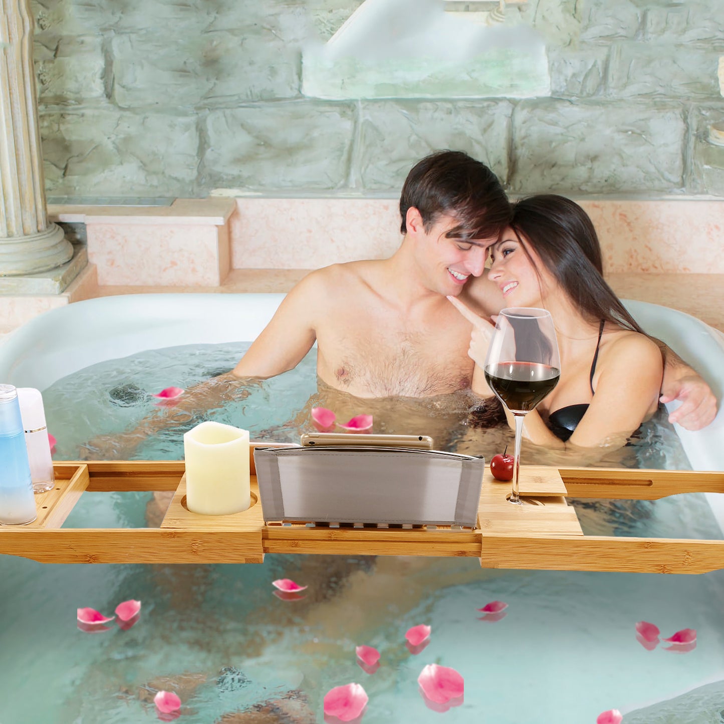 US Local 1Pc Bathtub Caddy Tray Crafted Bamboo Bath Tray Table Extendable Reading Rack Tablet Phone Holder Wine Glass Holder Shelf Desk Bathroom Spa