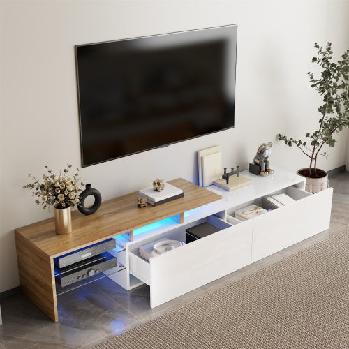 UK Local Modern TV Cabinet Design Stylish And Elegant, Practical Storage Space, Black And Wood Look, Glass Shelves, LED Lighting