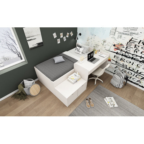 UK Local Kids Single Bed With Desk And Drawers, 90 X190 Cm, White, 3ft Kids Wooden Bed With Storage, Single Bed With Slatted Frame, Lying Surface For Teenagers & Adults