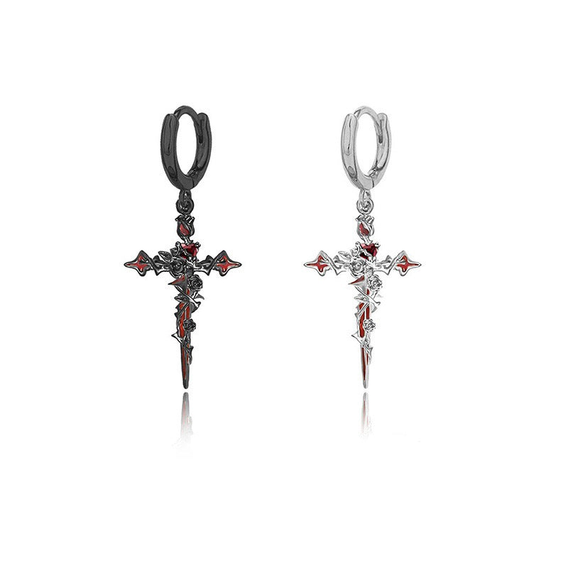 Halloween Cross Thorn Rose Pendant Earrings