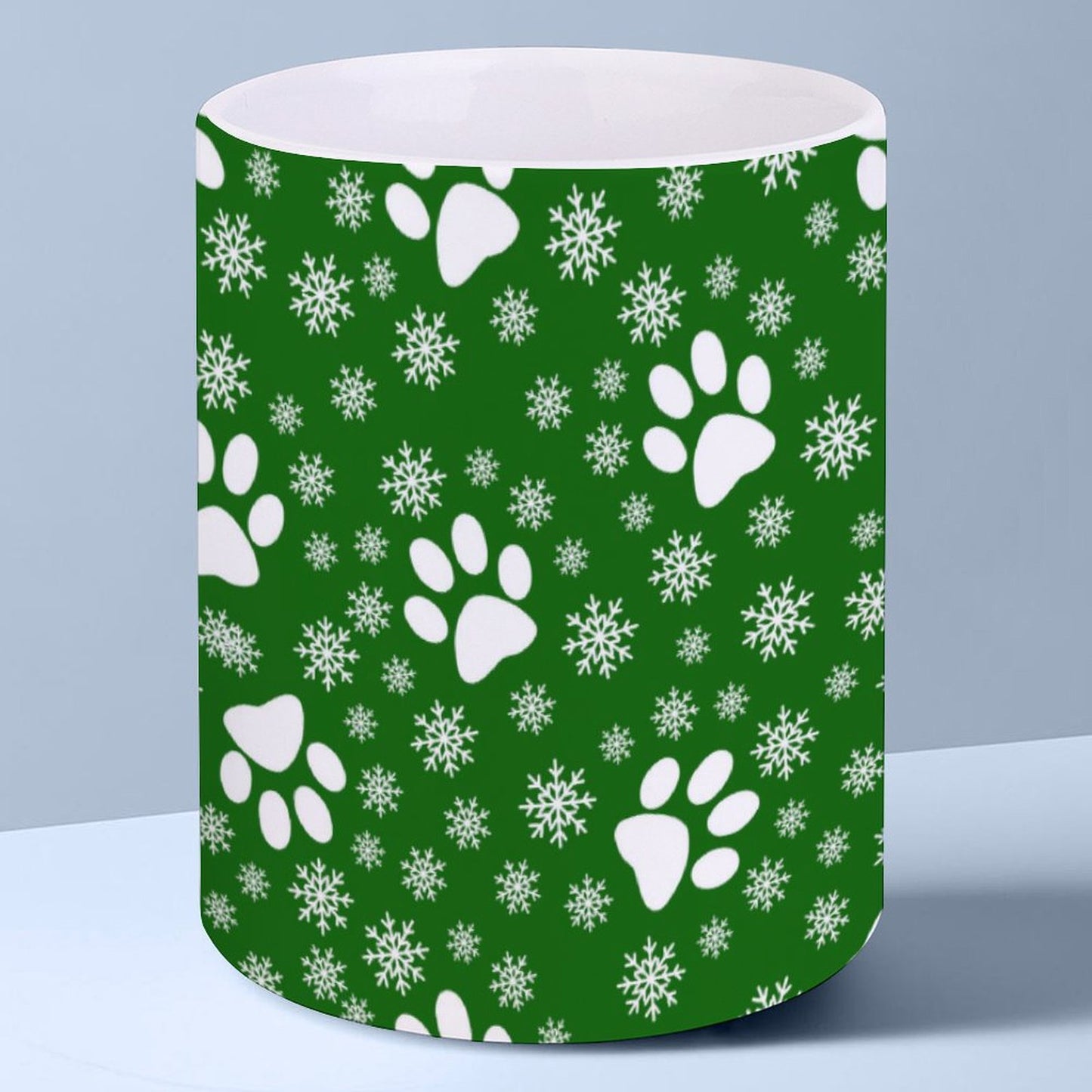 POD US Local White mug with full print, Christmas Snowflakes Cats Dogs Paws Green 0028