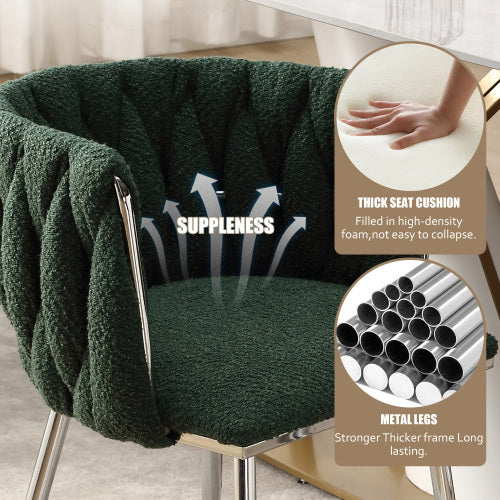 UK Local GOMYWAY Modern Hand Weaving Dining Chairs Set Of 2, Boucle Upholstered Side Chairs With Silver Legs, Kitchen Chairs With Armrest, Accent Chairs, Vanity Chairs For Dining Room Emerald, Set Of 2