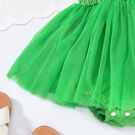 US Local Baby Girl's Clover Embroidered Dress & Headband Set, Sleeveless Ruffle Romper With Tulle Skirt