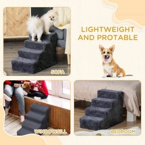UK Local PawHut Four-Step Dog Stairs, With Washable Plush Cover, For High Bed Sofa, Dog Stairs For Small Dog And Cat - Dark Grey