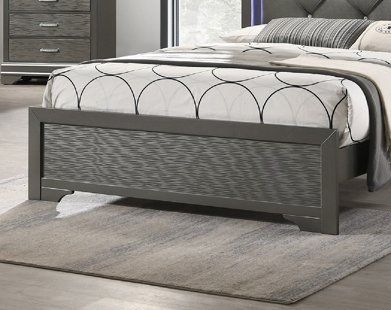 US Local Dark Gray Faux Leather Tufted Headboard 1pc Queen Size Bed W LED Bedroom Furniture Gray Unique Texture FB Solid Wood