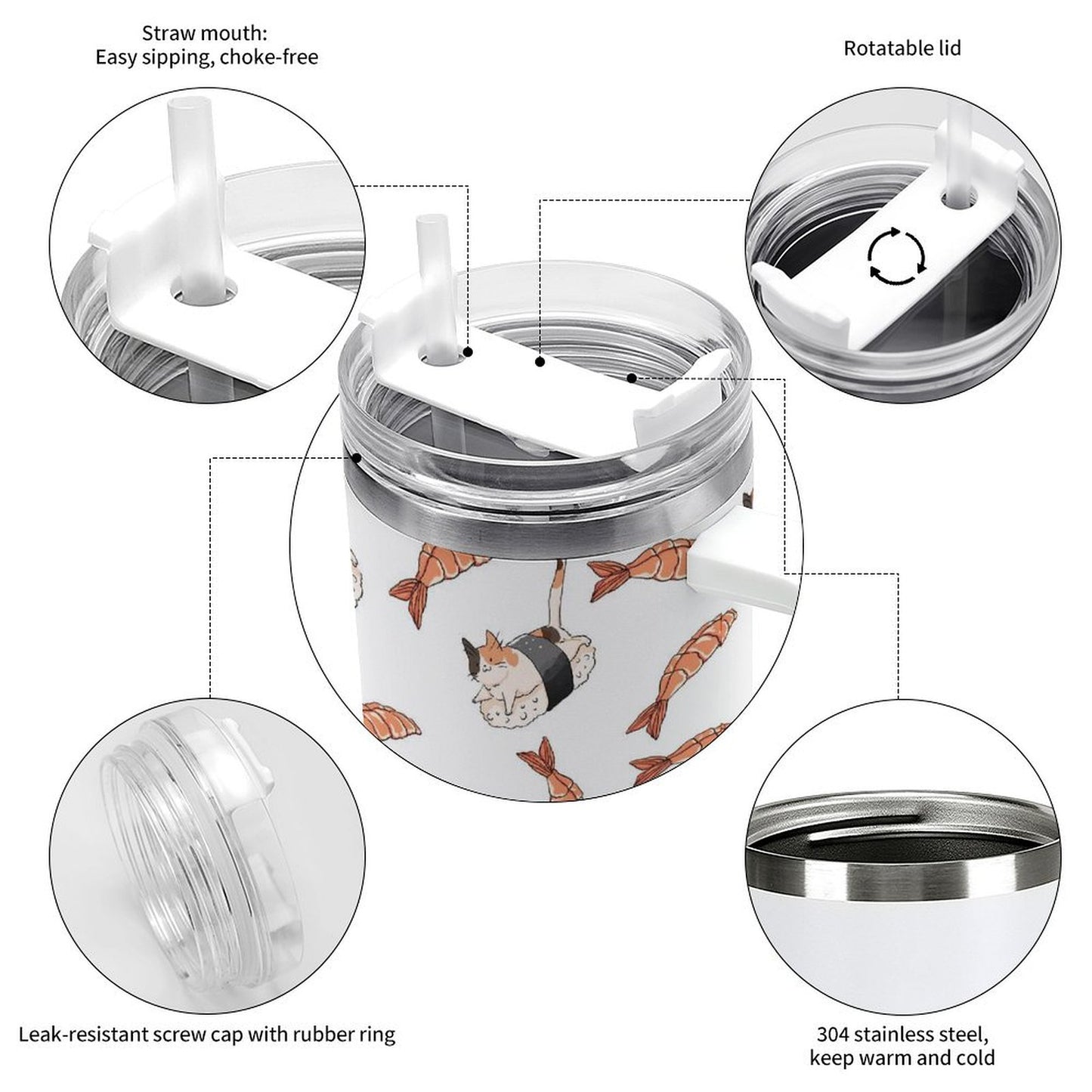 PHDT00266 POD US Local Tumbler 40 oz Large Capacity Car Cup Cat Sushi, Shrimp