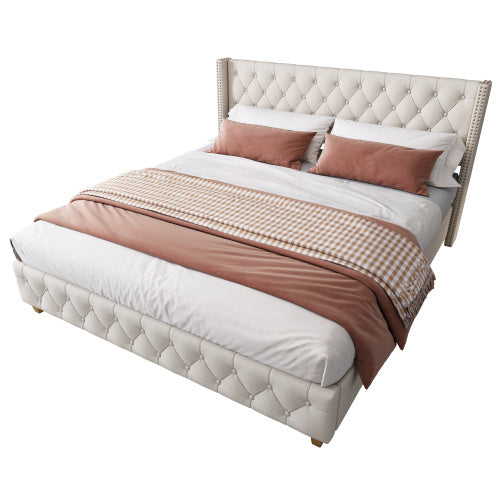 UK Local Upholstered Bed,Double Bed-4ft6 135x190cm ,With Slatted Frame And Headboard, Button Upholstery, Rivet Upholstery, Wooden Legs, Linen, Beige