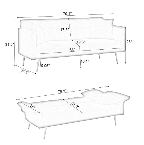 US Local 70.1 Futon Sofa Bed, Convertible Double Sofa Bed With Folding Armrests For Living Rooms And Small Spaces