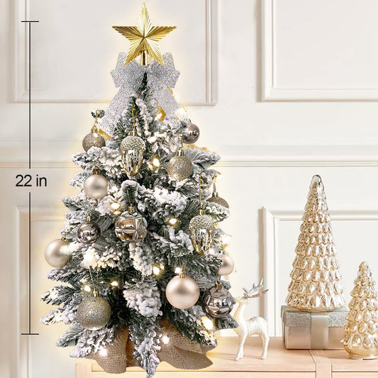 US Local 2ft Mini Christmas Tree With Light Artificial Small Tabletop Christmas Decoration With Flocked Snow, Exquisite Decor & Xmas Ornaments For Table Top For Home & Office, Rose Gold