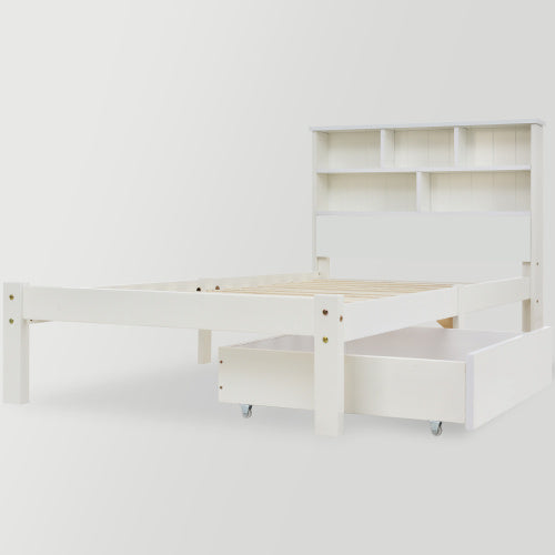 UK Local Bed With Shelves, White Wooden Storage Bed, Underbed Drawer - 3FT Single 90 X 190 Cm Frame Only