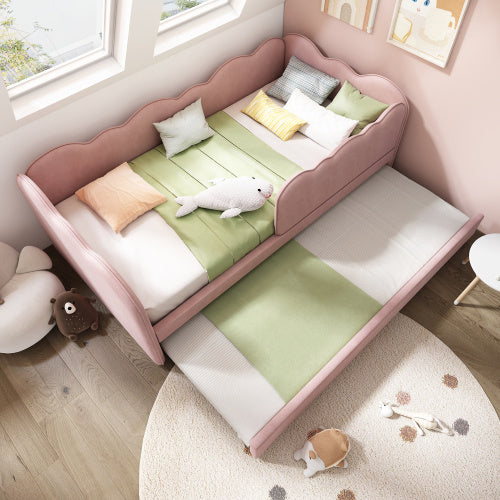 UK Local Upholstered Bed Daybed 90 X 190 Cm, 3FT Single Bed With Pull Out Trundle, Sofa Bed For Adults And Children, Single Daybed With Slatted Frame, Velvet, Pink No Mattress