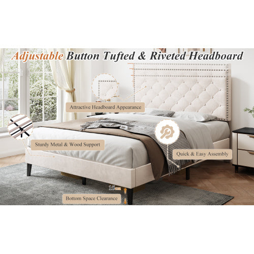 UK Local 4ft6 Double Upholstered Velvet Bed Frame, With Adjustable Button-Tufted Riveted Headboard, Velvet Platform Bed Frame With Solid Wood Slat And Mute Foam, No Box Spring Needed, Easy Assembly, Beige
