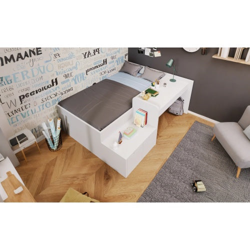 UK Local Kids Single Bed With Desk And Drawers, 90 X190 Cm, White, 3ft Kids Wooden Bed With Storage, Single Bed With Slatted Frame, Lying Surface For Teenagers & Adults