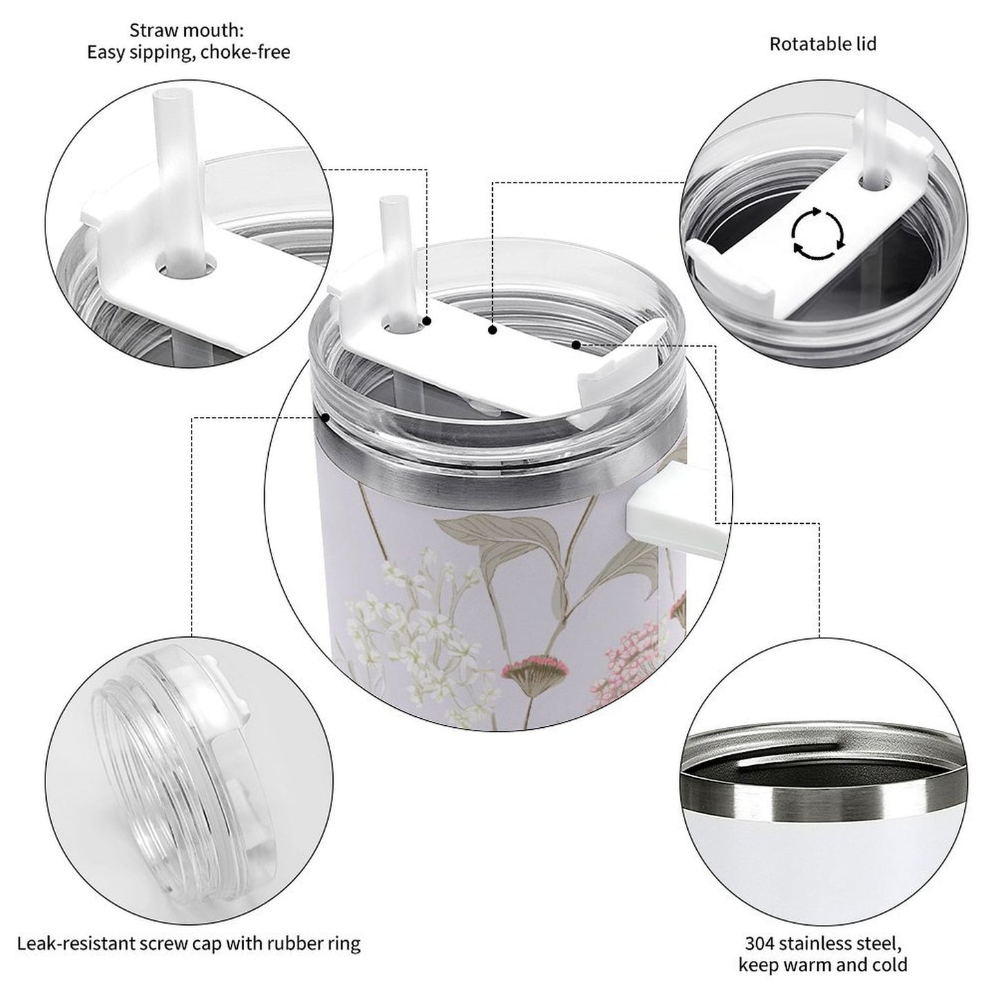 PHDT00365 POD US Local Tumbler 40 oz Large Capacity Car Cup Flower Branches, Pure