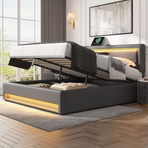 UK Local Upholstered Bed 135 X 190 Cm,Double Bed-4ft6,with USB Port Supports Wireless And Wired Charging, With LED Lighting And Storage Space, Without Mattress, PU-Lychee Design, Gray