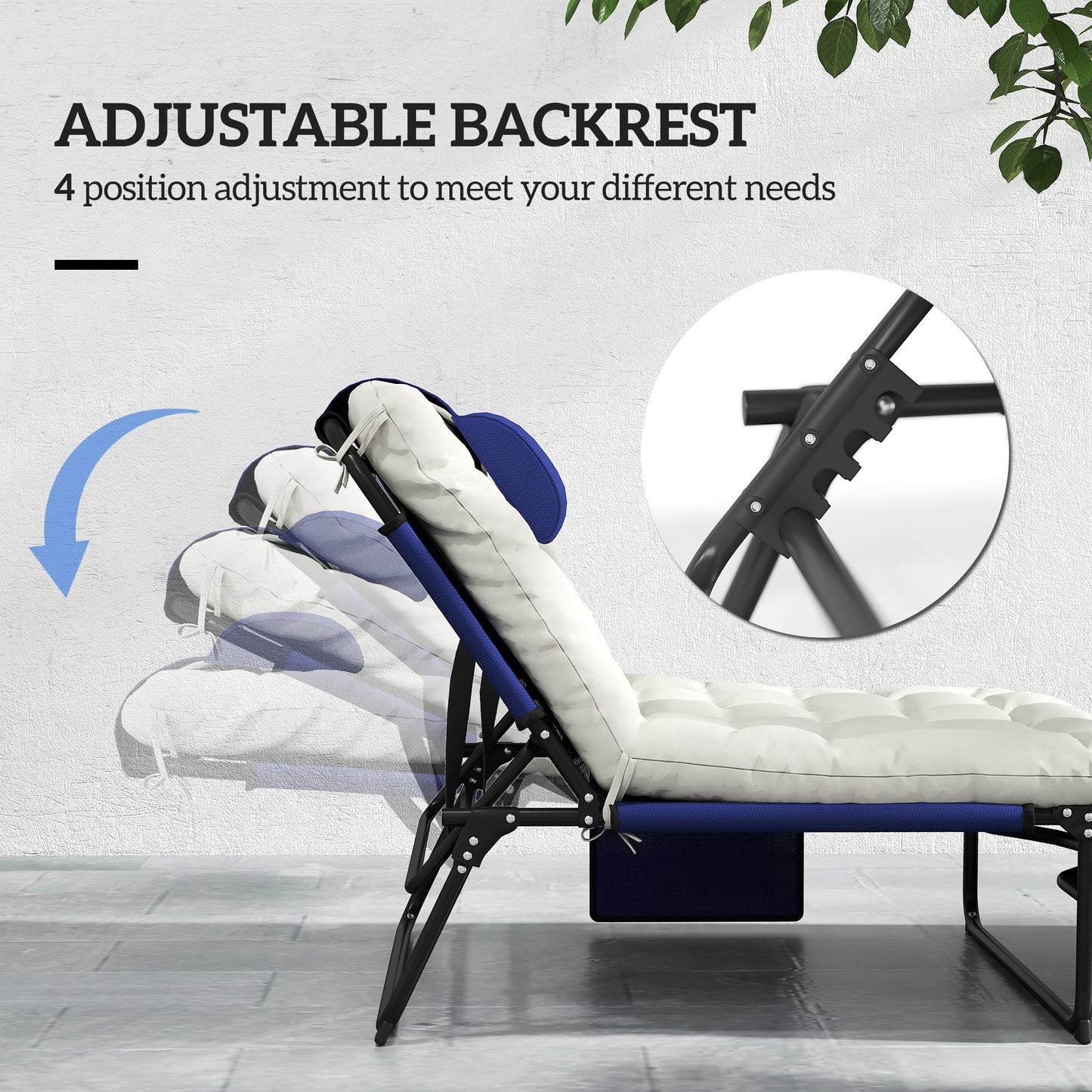 Folding Chaise Lounge Pool Chair With 4-level Reclining Back, Cushion, Side Pocket, Headrest, Navy Blue