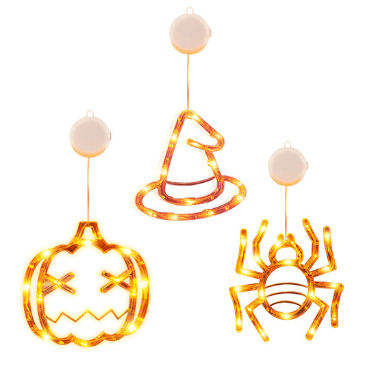 US Local Set Of 3 Pack Halloween Window Light Spider Witch Hat Pumpkin With Orange Light Hanging Halloween Decoration Light With Suction Cup Hanging Holes