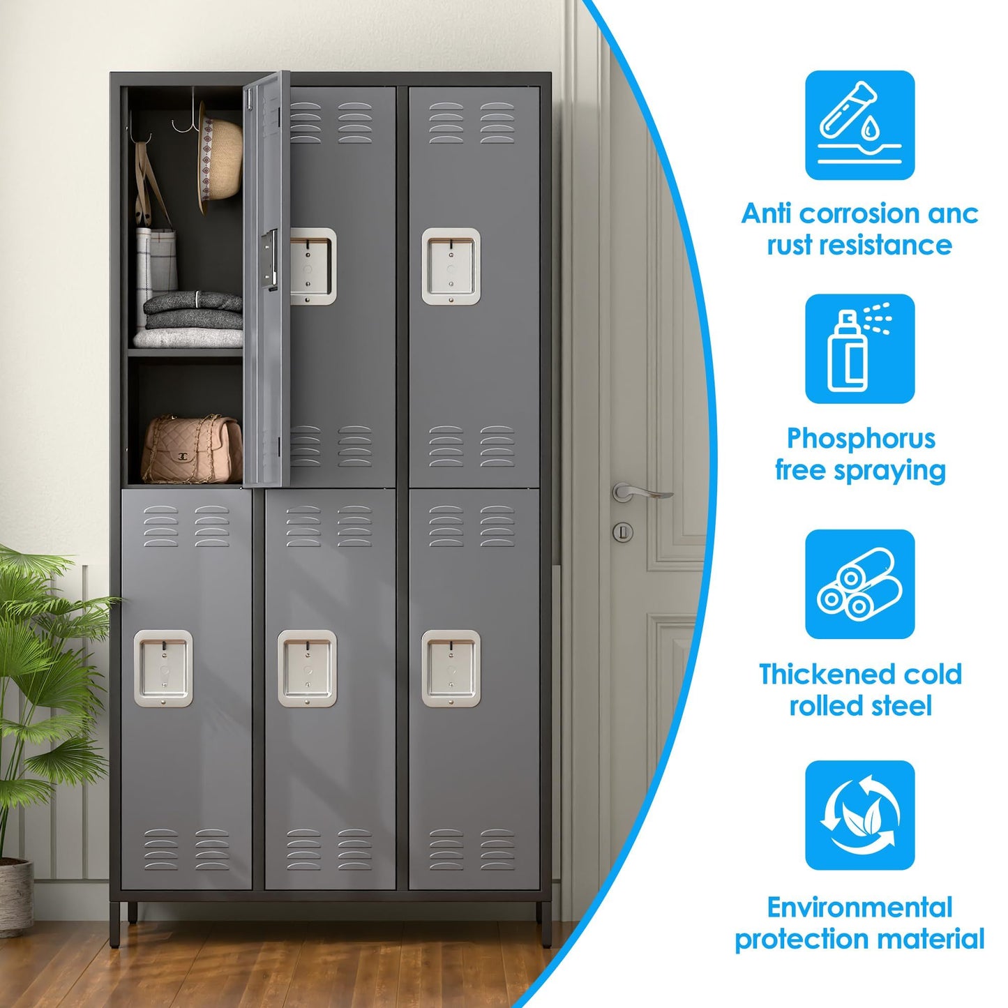 US Local Metal Lockers For Employees,Locking Metal Storage Locker With 6 Doors &18 Hooks For School Office Gym Bedroom,Assembly Required,Black And Dark Grey