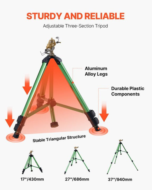 US Local VEVOR Impact Sprinkler On Tripod Base, Heavy Duty Tripod Sprinklers With Brass Head & Connector, 360 Degree Large Area Coverage Irrigation Sprinkler, Adjustable Heights Sprinkler For Yard Green