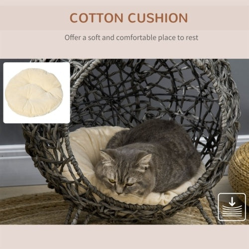 UK Local PawHut Rattan Elevated Cat Bed House Kitten Basket Ball Shaped Pet Furniture W Removable Cushion - Silver-Tone And Grey