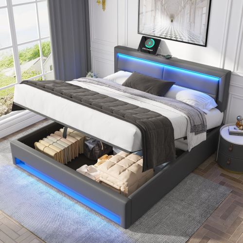 UK Local Upholstered Bed 135 X 190 Cm,Double Bed-4ft6,with USB Port Supports Wireless And Wired Charging, With LED Lighting And Storage Space, Without Mattress, PU-Lychee Design, Gray