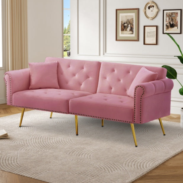 UK Local Modern 2-Seater Sofa Bed Velvet Upholstery, 3 Stage Adjustable Backrest Gold Plated Metal Feet Stylish Sofa With Sleeping Function Space-Saving Durable Ideal For Small Spaces
