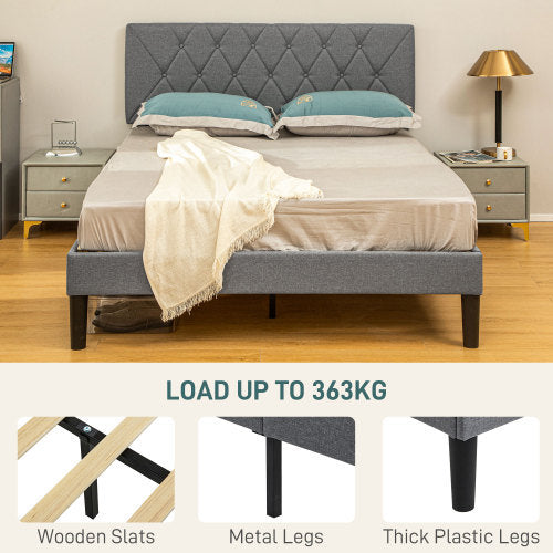 UK Local HOMCOM Double Bed Frame With 5-Level Adjustable Linen Upholstered Headboard, Wooden Slats Mattress Foundation, No Box Spring Needed, Grey