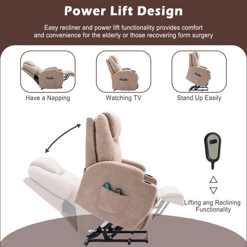 UK Local Power Lift Recliner Chair Massage Chair For Elderly, Electric Lift Chair With Heat And Massage, Fabric Recliner Sofa With 2 Cup Holders, Side Pockets Remote Control For Living Room