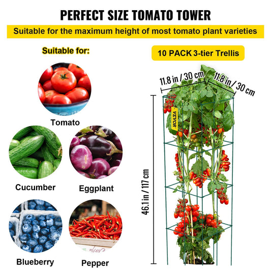 US Local VEVOR Tomato Cages, 10 Packs Square Plant Support Cages, Green PVC-Coated Steel Tomato Towers For Climbing Vegetables, Plants, Flowers, Fruits