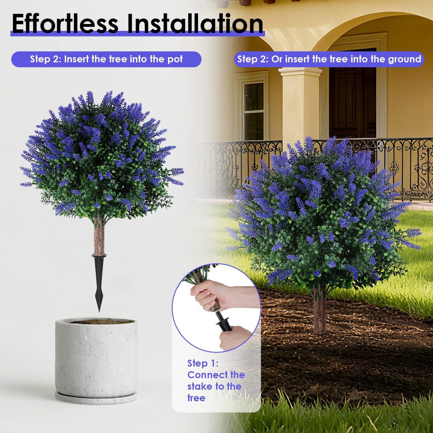 US Local 2 Packs Artificial Lavender Topiary Ball Trees UV Resistant Artificial Shrubs Fake Plants Evergreen Artificial Bush With Ground Spike For Indoor Outdoor Front Porch Garden