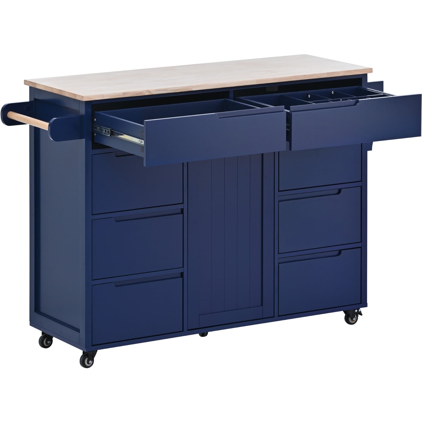 US Local K&K Store Kitchen Cart With Rubber Wood Top, 8 Handle-Free Drawers