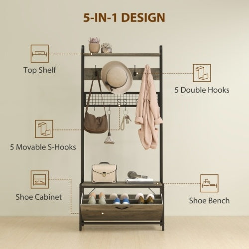 UK Local HOMCOM 5-In-1 Industrial-Style Hallway Tree - Grey Black