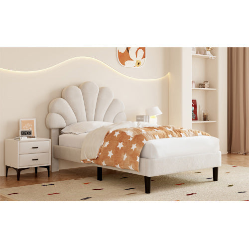 UK Local 3ft Single Upholstered Velvet Bed Frame, With Adjustable Chic Petal Headboard, Velvet Platform Bed Frame With Solid Wood Slat, No Box Spring Needed, Easy Assembly, Beige