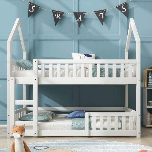 UK Local Bunk Bed, Twin Sleeper Bed With Ladder, Solid Wood Frame 3FT Single Bed, Gaming Bed, Castle-shaped Bed 90 X 190 Cm Children's Bed Room Furniture, Wooden Bed Frame For Kids Children White