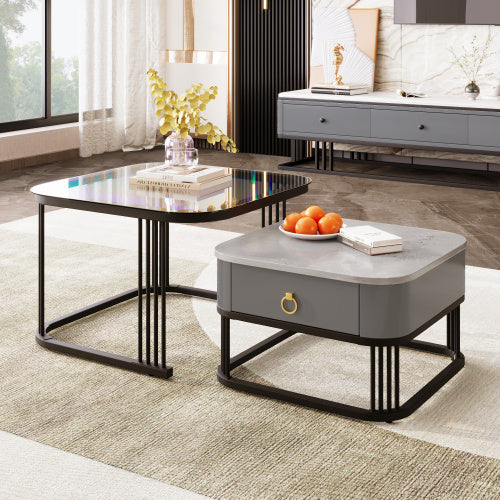 UK Local Nestable Coffee Table High Gloss Marble Exterior, Gold Accents, Side Table With Drawer. Set Of Two