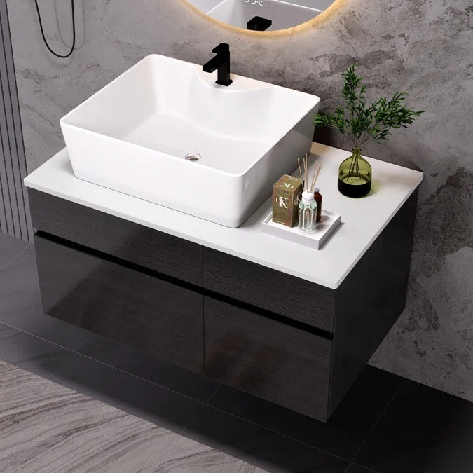US Local 31.5 Inches Wall Mounted Single Bathroom Vanity With Engineered Stone Top