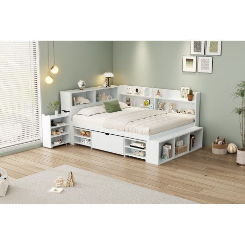 UK Local Children's Bed, Double Bed-4ft6 135x190cm Multifunctional Children's Bed With Drawers, Bookcase And Storage Cupboard, Large Storage Space, Slatted Frame, Without Mattress, White