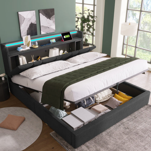 UK Local Upholstered Double Bed With USB Charging Function, Storage Headboard And LED Lighting, 5ft King Size Bed Storage Bed Frame 150 X 200 Cm, Wooden Slatted Frame, Grey No Mattress
