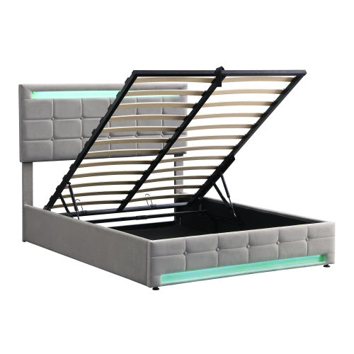 UK Local Upholstered Bed, Hydraulic Bed, Adults Teenagers 4ft6 Double Bed 135x190cm, Square Embellishment, With 7colors LED-light Strips, Velvet Iron, Grey