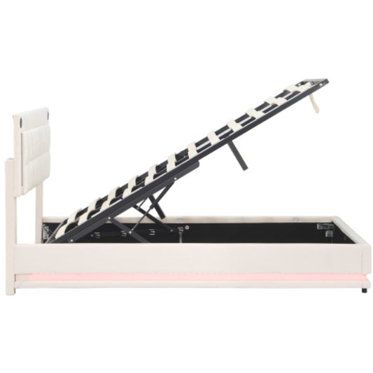 UK Local 5ft King LED Hydraulic Bed With Charging Station, Adjustable Square Tufted Headboard With Intelligent Control Light, Soft Velvet Bed Frame With USB And Type - C Ports, Beige