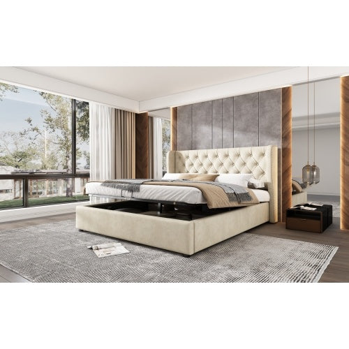 UK Local Upholstered Bed, With Hydraulic Lever, Functional Bed From Storage, 135 X 190 Cm, Without Mattress, Velvet, Beige